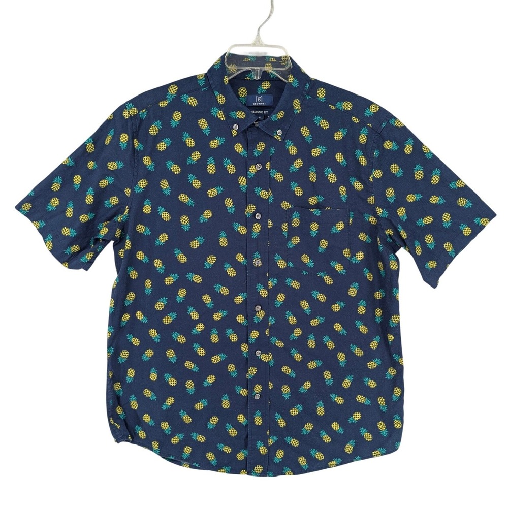 George Mens Navy Blue Pineapple Print Short Sleeve Button Down Shirt Size M